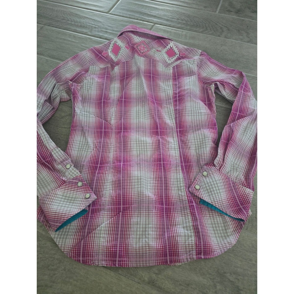Rock & Roll Cowgirl Pink Plaid Rhinestone Embroidered Western Pearl Snap Shirt M - Picture 6 of 8